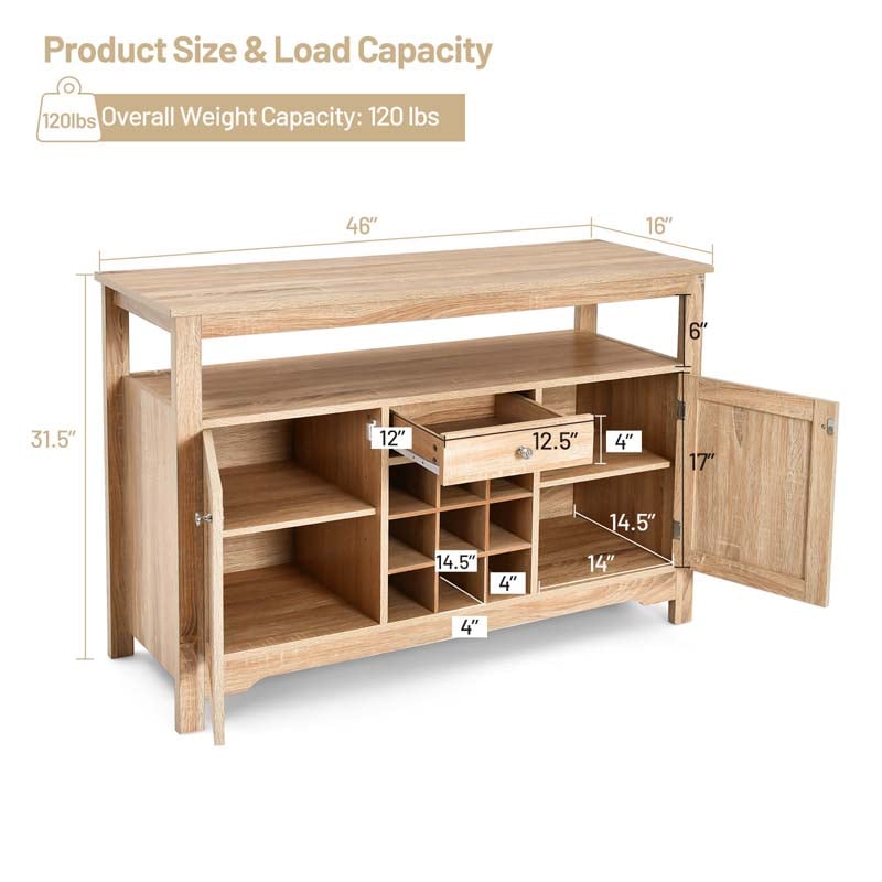 Wood Buffet Server Sideboard Console Table Utensils Organizer with 9 Wine Grids, 1 Drawer & 2 Cabinets