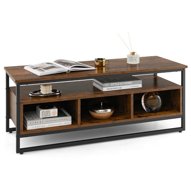 Costway Industrial Coffee Table Metal Frame Center Table With Open Shelf amp 3 Cubbies