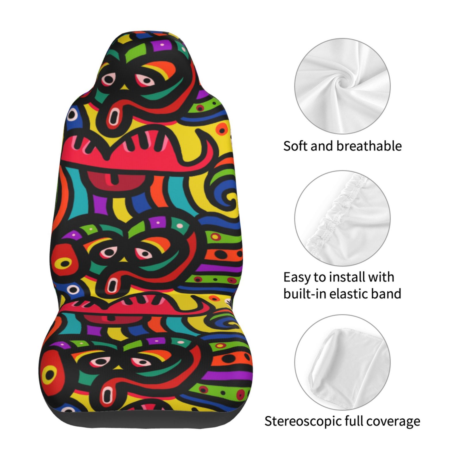 TEQUAN Front Seat Covers， Cartoon Colourful Face Doodle Pattern 2 Piece Car Seat Cover Fit Most Car SUV Truck Van