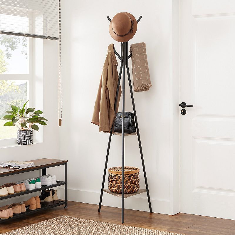 Coat Rack Stand， Coat Tree， Hall Tree Free Standing， With 2 Shelves， For Clothes， Hats， Bags