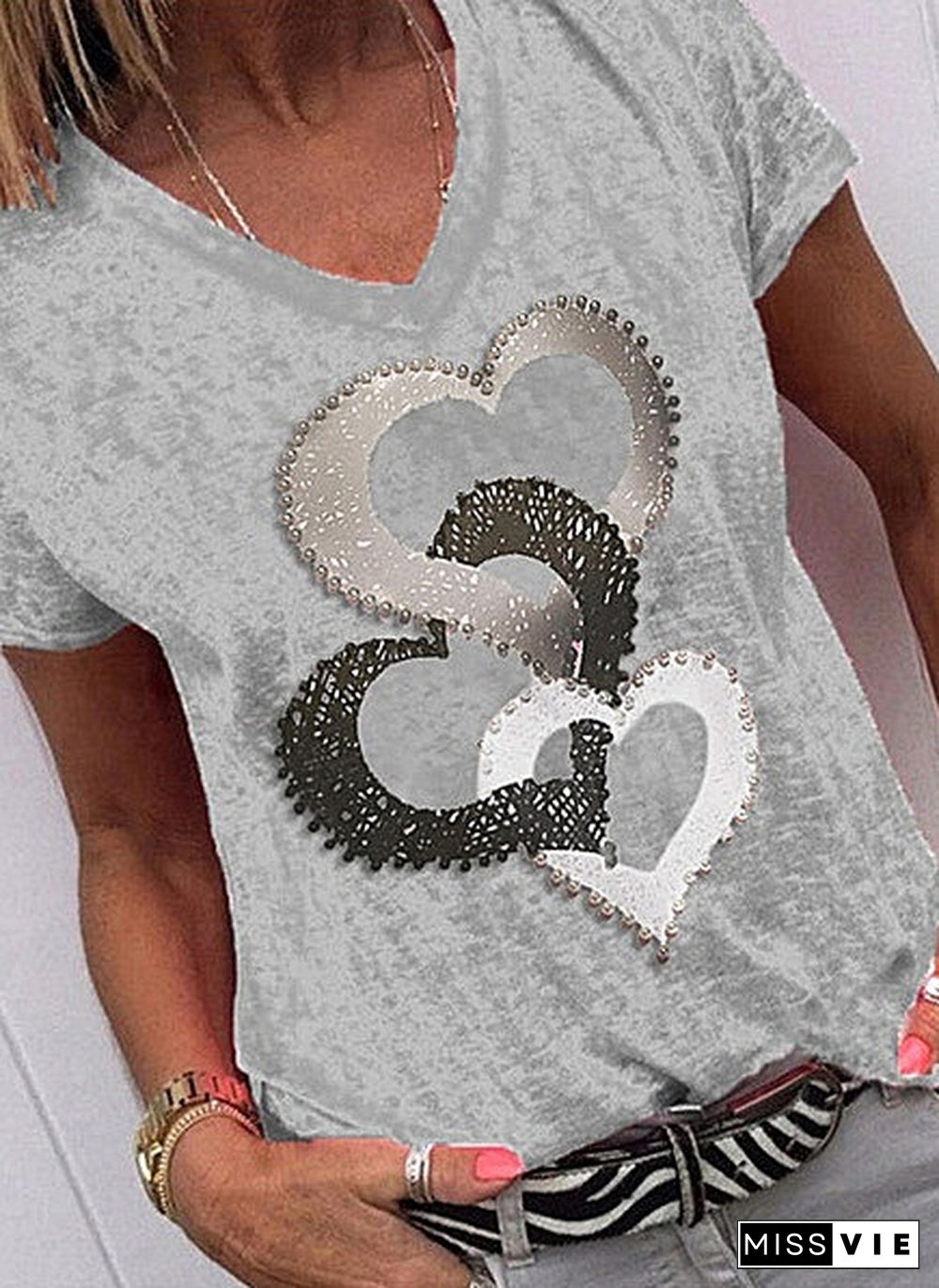 NEW Fashion Women Summer Love Print Beads Short Sleeve Shirt Top V-Neck Casual Loose Blouse Plus Size T-shirt