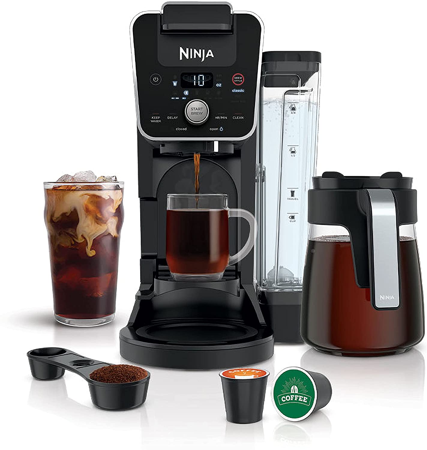 Ninja CFP201 DualBrew System 12-Cup Drip Maker with Glass Carafe， Single-Serve for Coffee Pods or Grounds， with 3 Brew Styles， Black (1 COUNT)