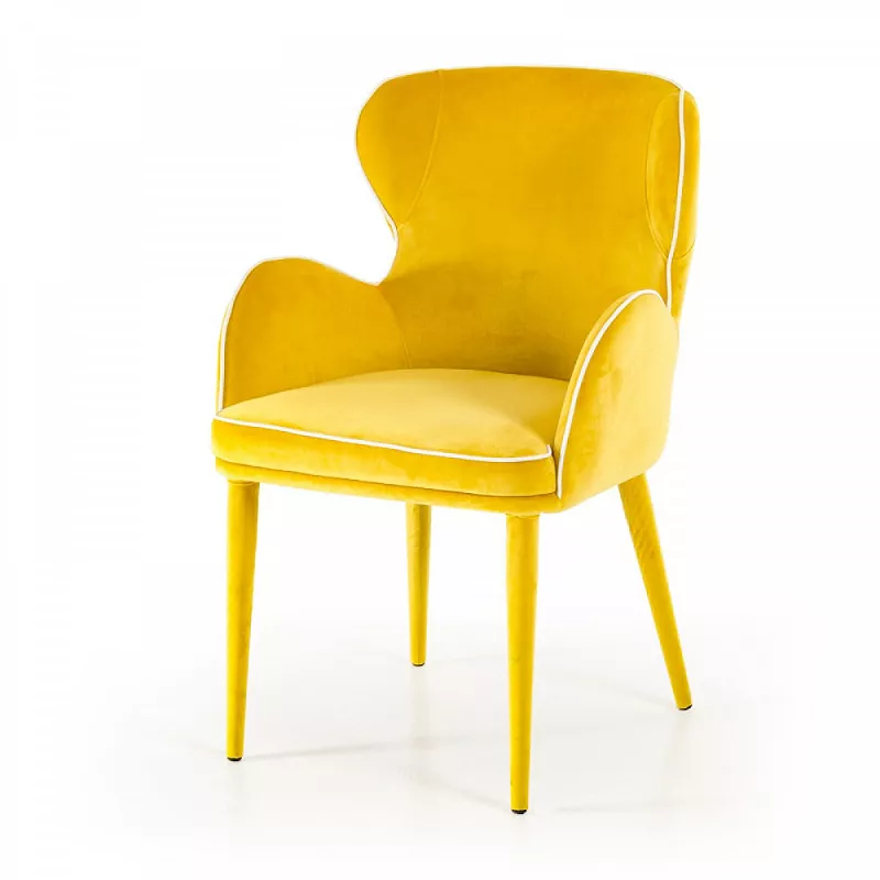 33 Inch Wingback Dining Chair with High Curvy Arms， Yellow Fabric