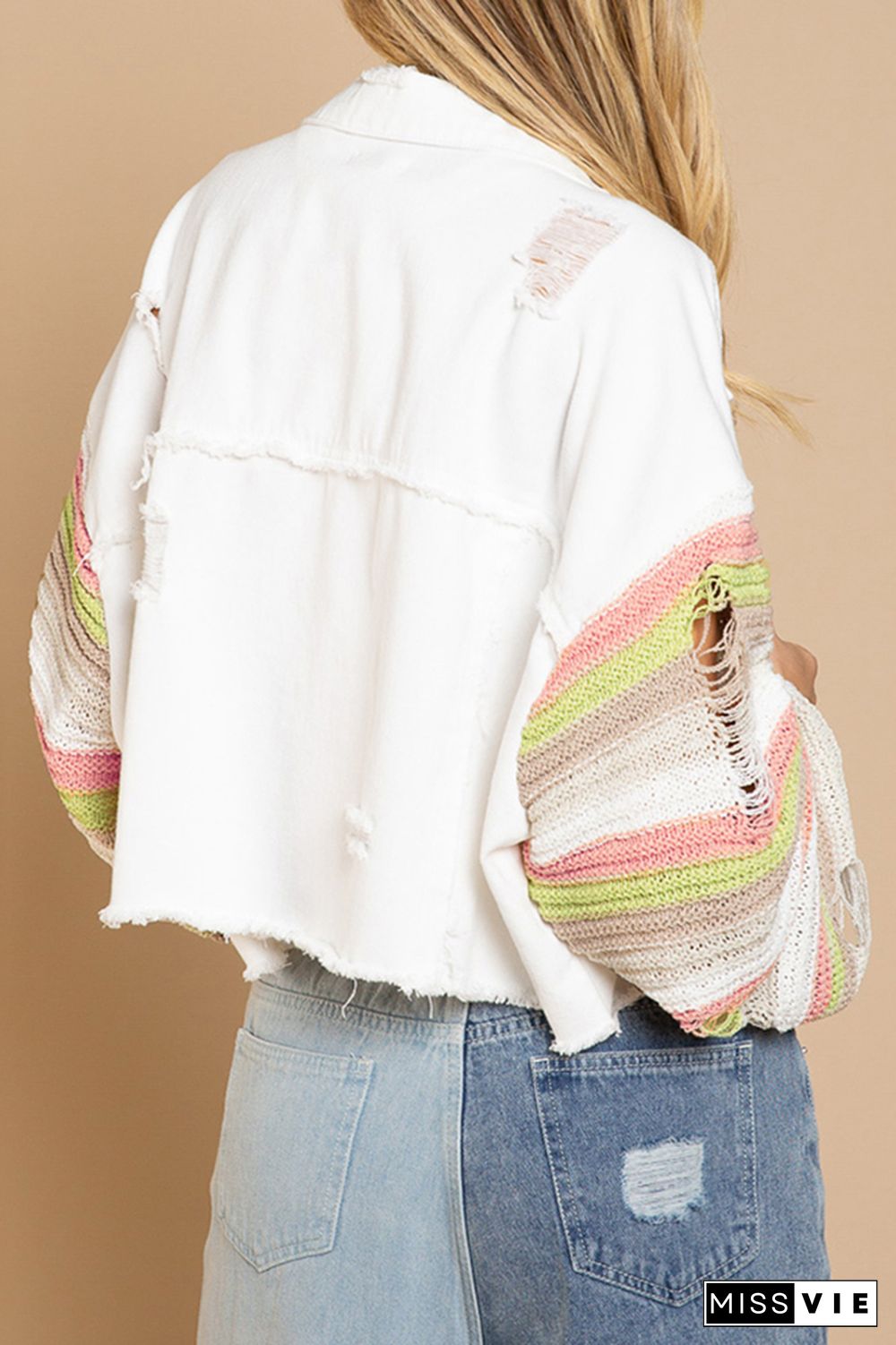 Rainbow Knitting Sleeve Patchwork Ripped Denim Jacket