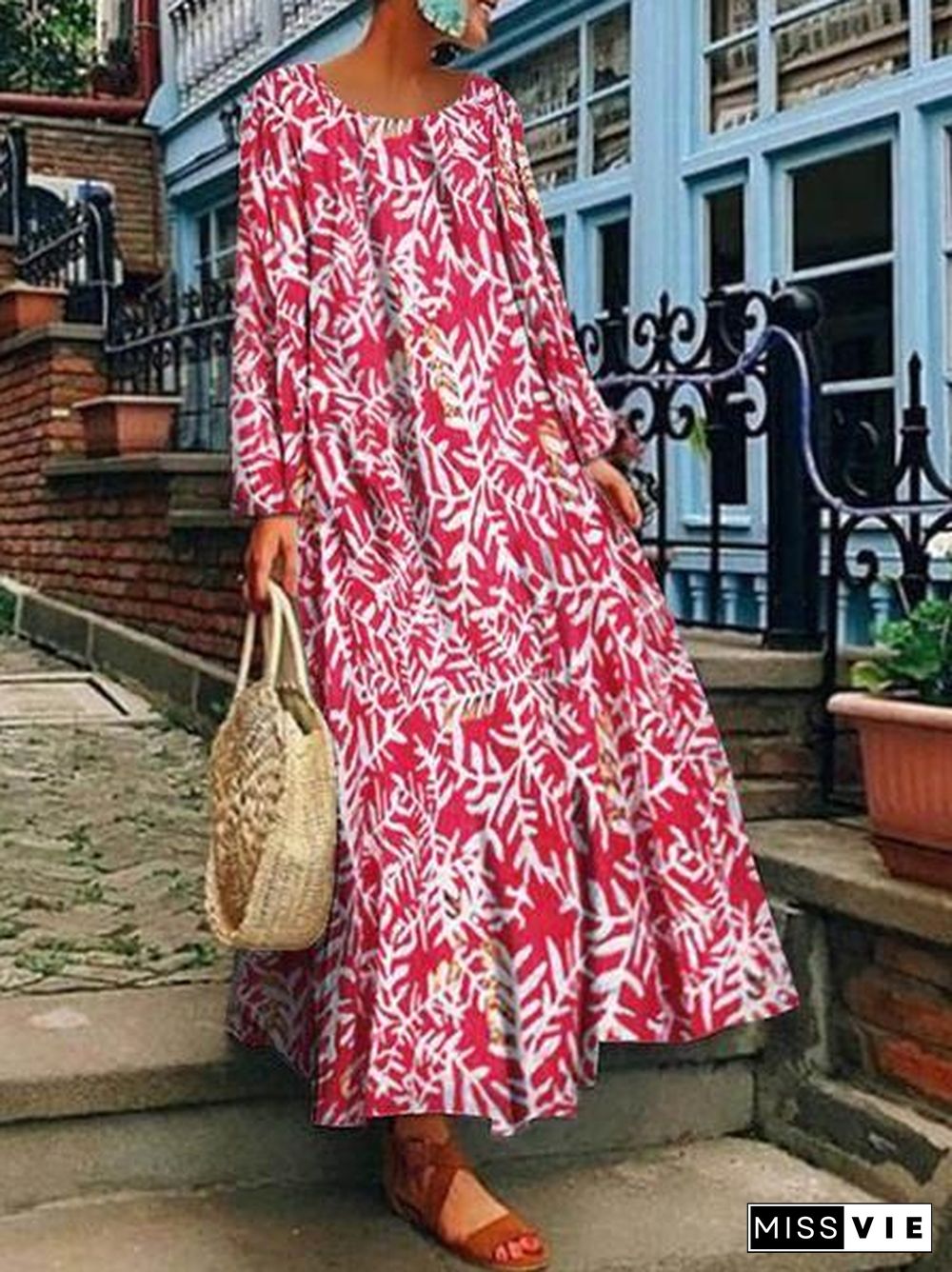 Summer Printed Long Sleeve Dress Long Skirt