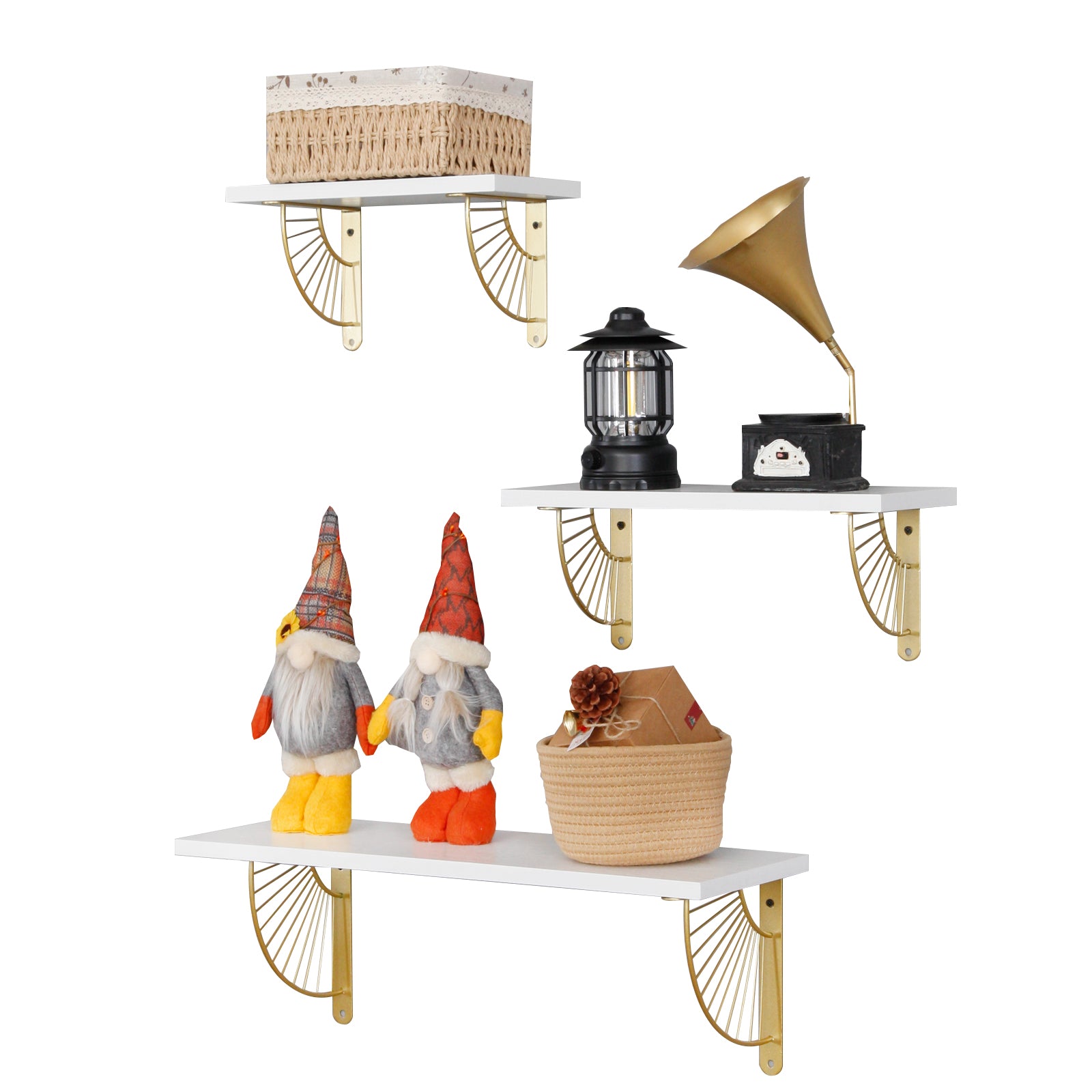 Floating Shelves for Home/ Office Décor Set of 3, Wall Mounted Bookshelf, Decor Wall Shelf, Storage Shelves, Spice Rack, White Shelf with Golden Metal Brackets, for Bedroom | Living Room | Bathroom |