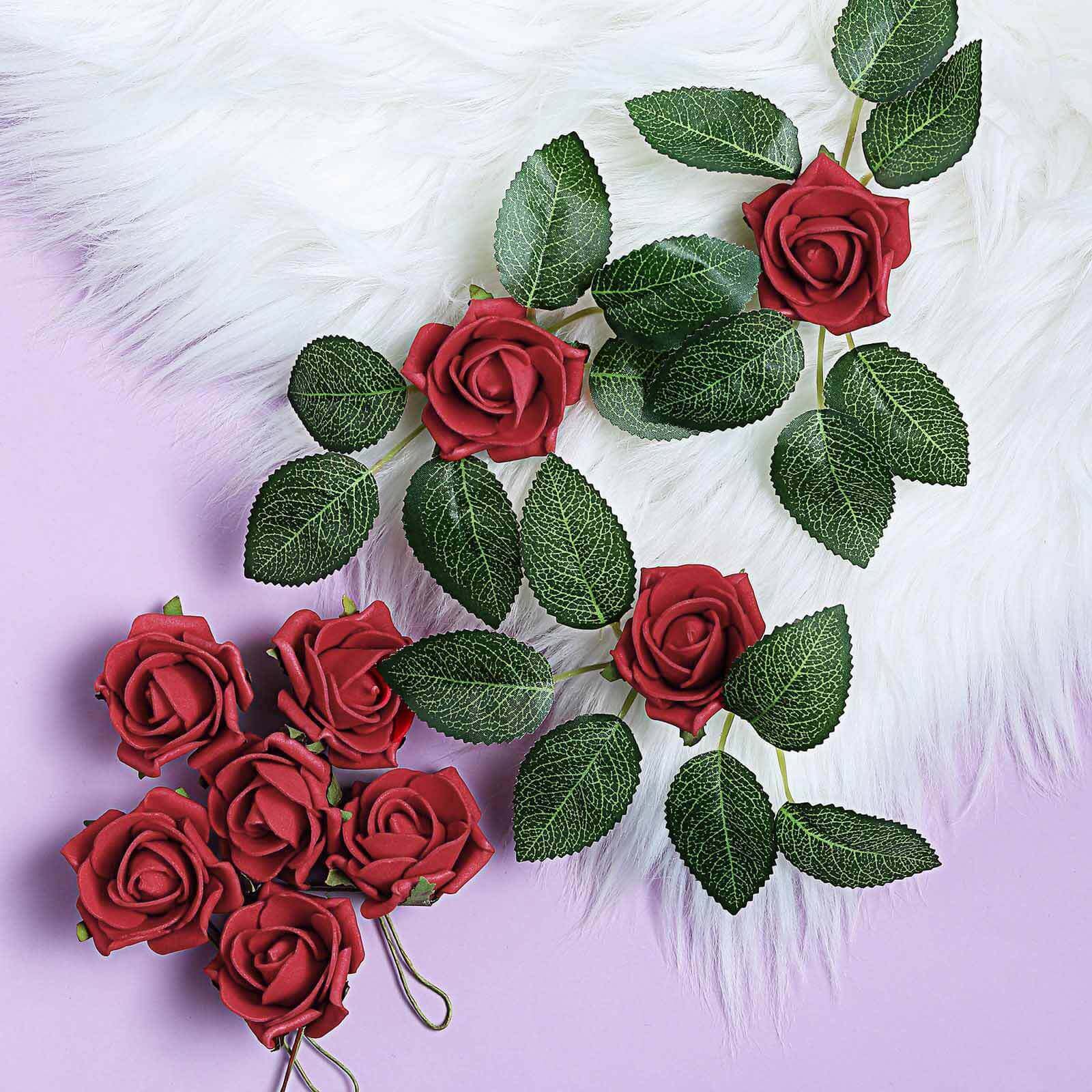 24 Roses Red Artificial Foam Flowers With Stem Wire and Leaves 2