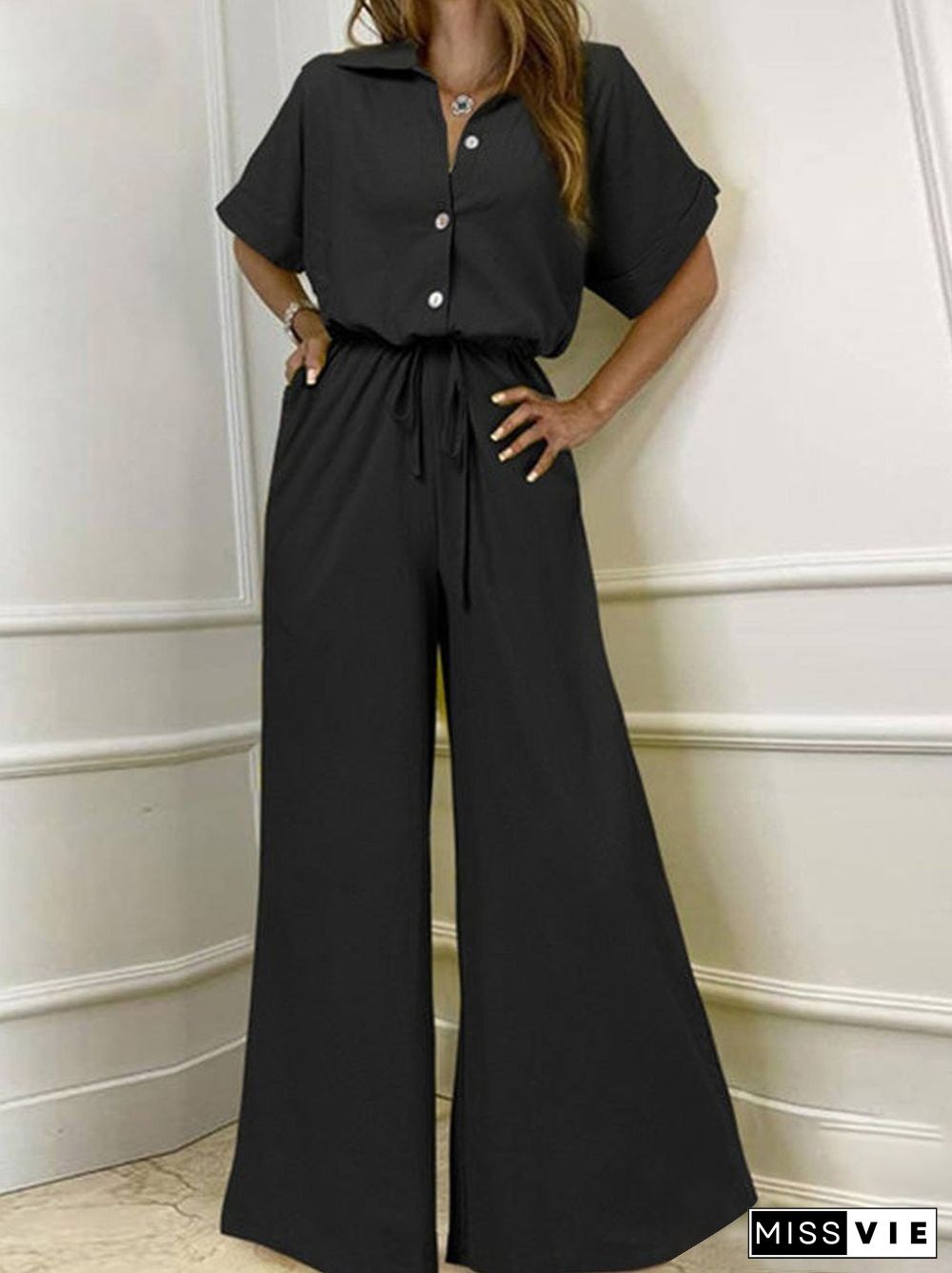 Black Short Sleeve Plain Jumpsuit