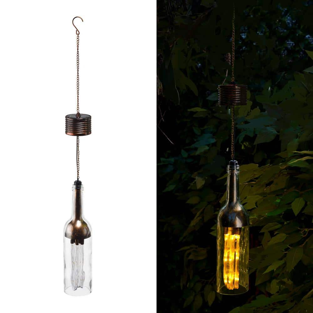 Alpine Corporation Outdoor Hanging Solar Powered Metal and Glass Bottle Lantern with LED Light, Bronze QTT426SLR-BZ