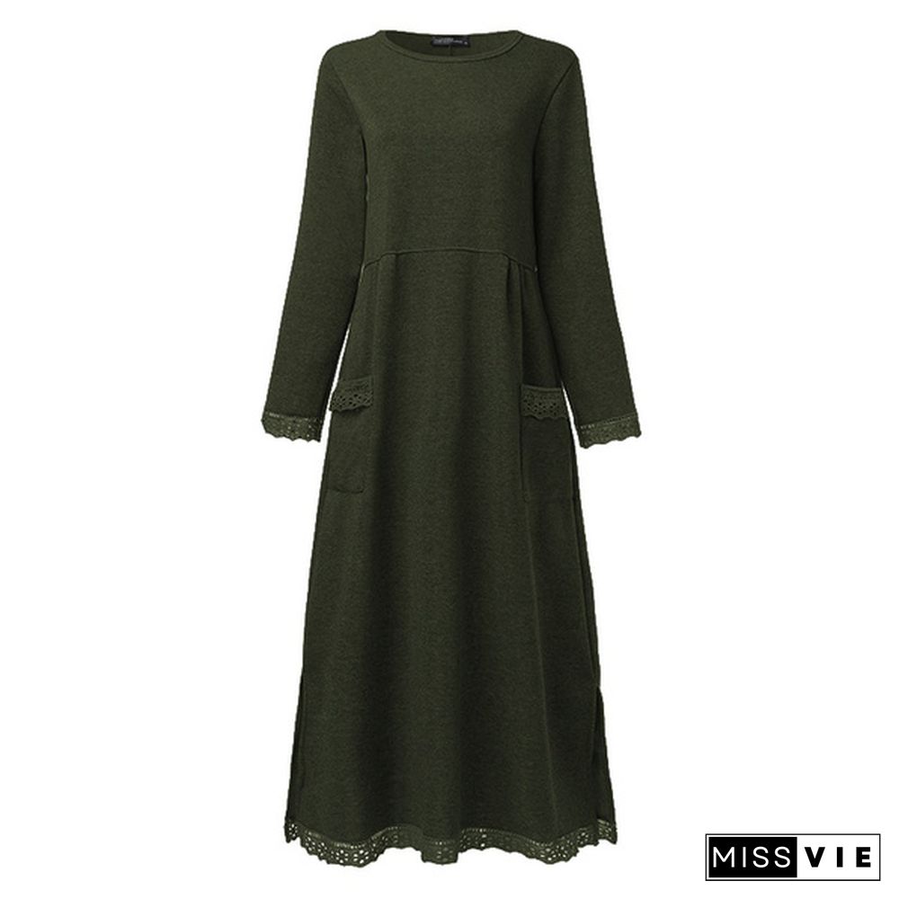 Women Long Sleeve O Neck Pullover Maxi Dresses Solid Color Ladies Loose Tunic Jumper New Fashion