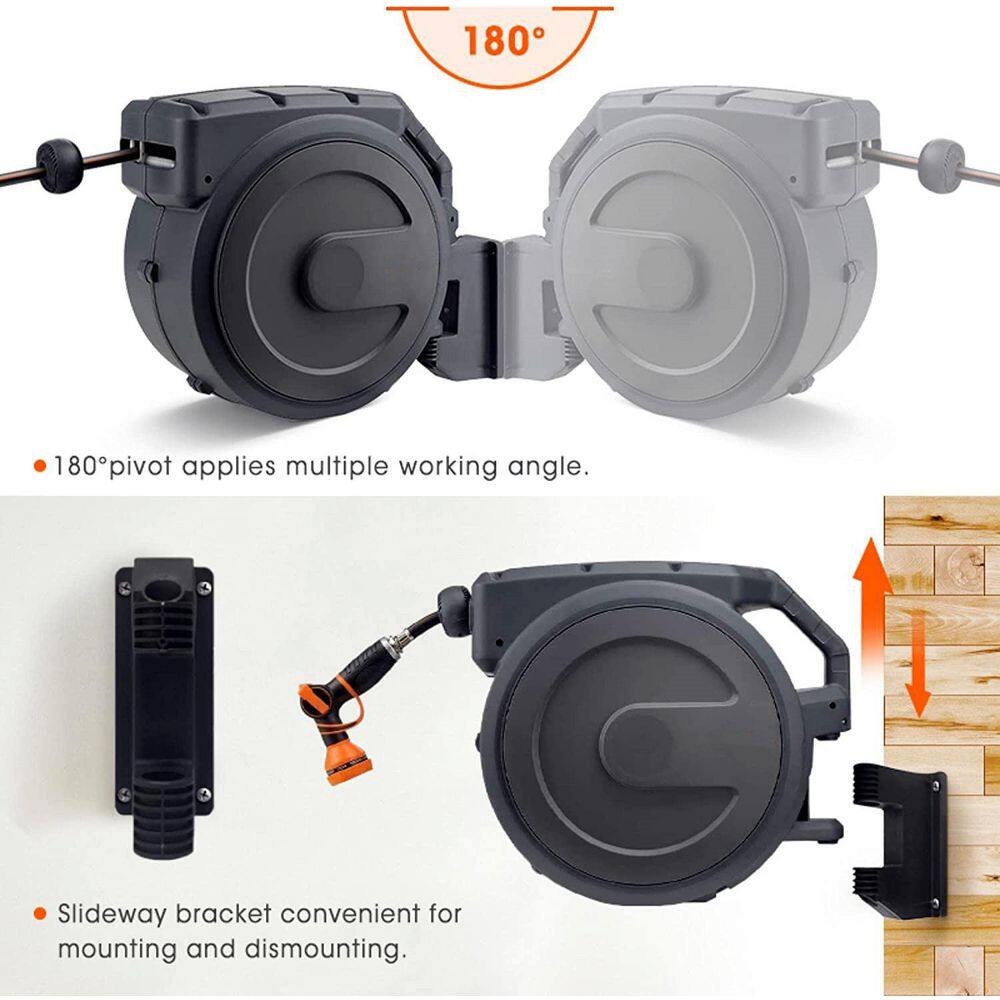 Wall Mounted Retractable Hose Reel 58 in. x 90 ft. Heavy-Duty Auto Rewind Lock Any Length Dark Grey B084VLRC9D