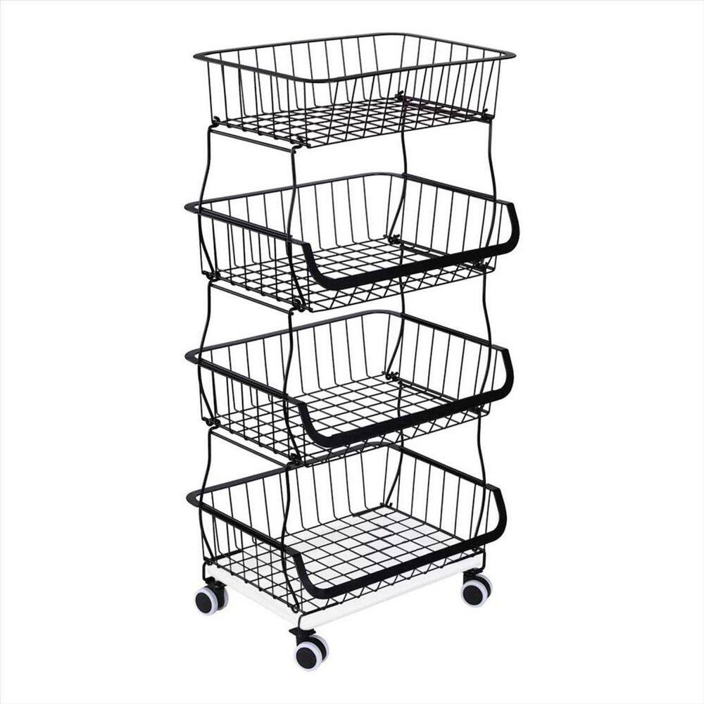 cadeninc Black 4-Tier StackableDetachable Metal Wire Storage Basket Cart with Rolling Wheels MIX-LQMS5-003