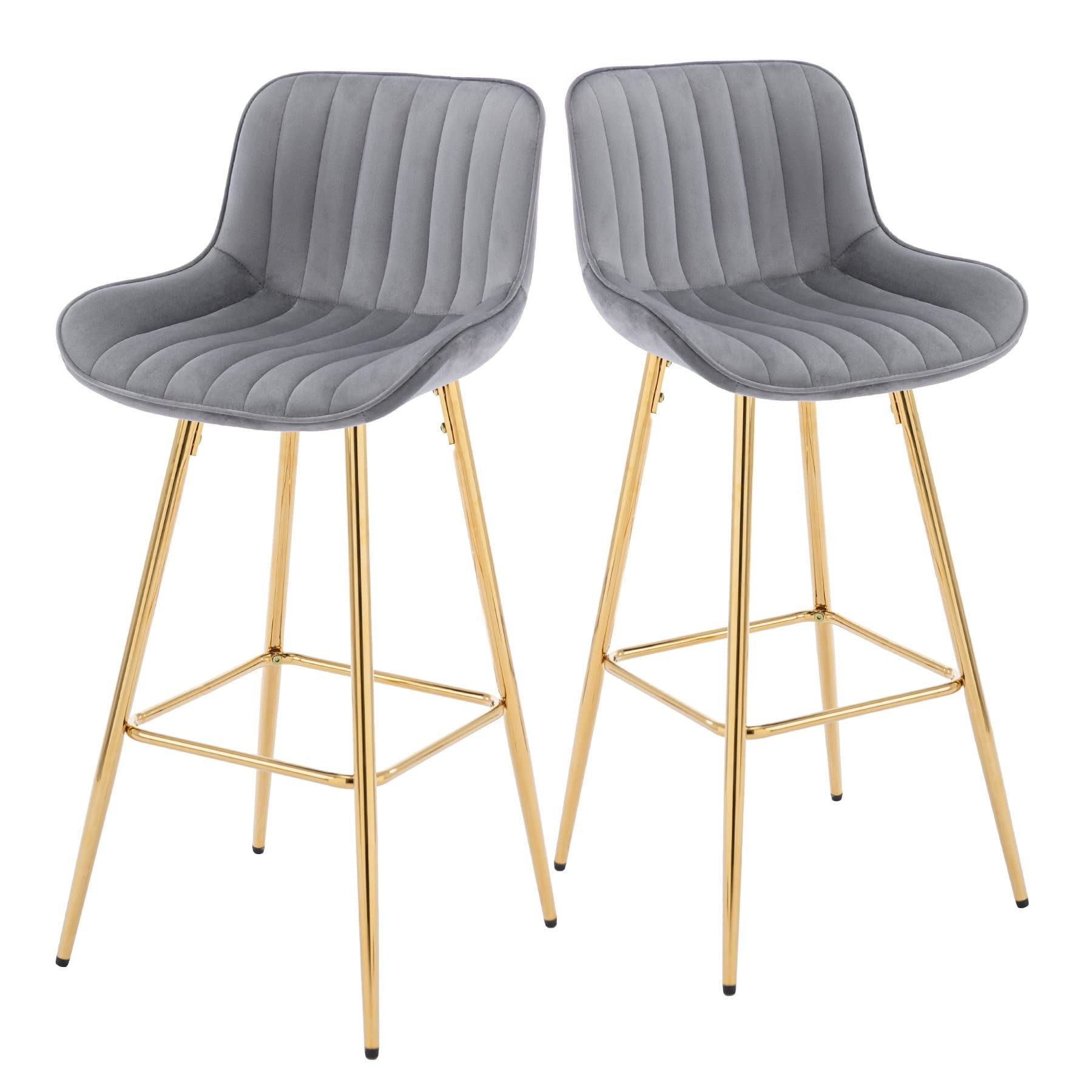 30 inches Bar Stools Set of 2， Velvet Bar Height Stools with Golden Base， Modern Counter Height Chair with Footrest (Gray)