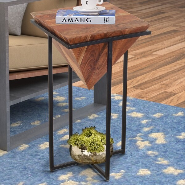 Brown and Black 26 Inch Pyramid Shape Wooden Side Table