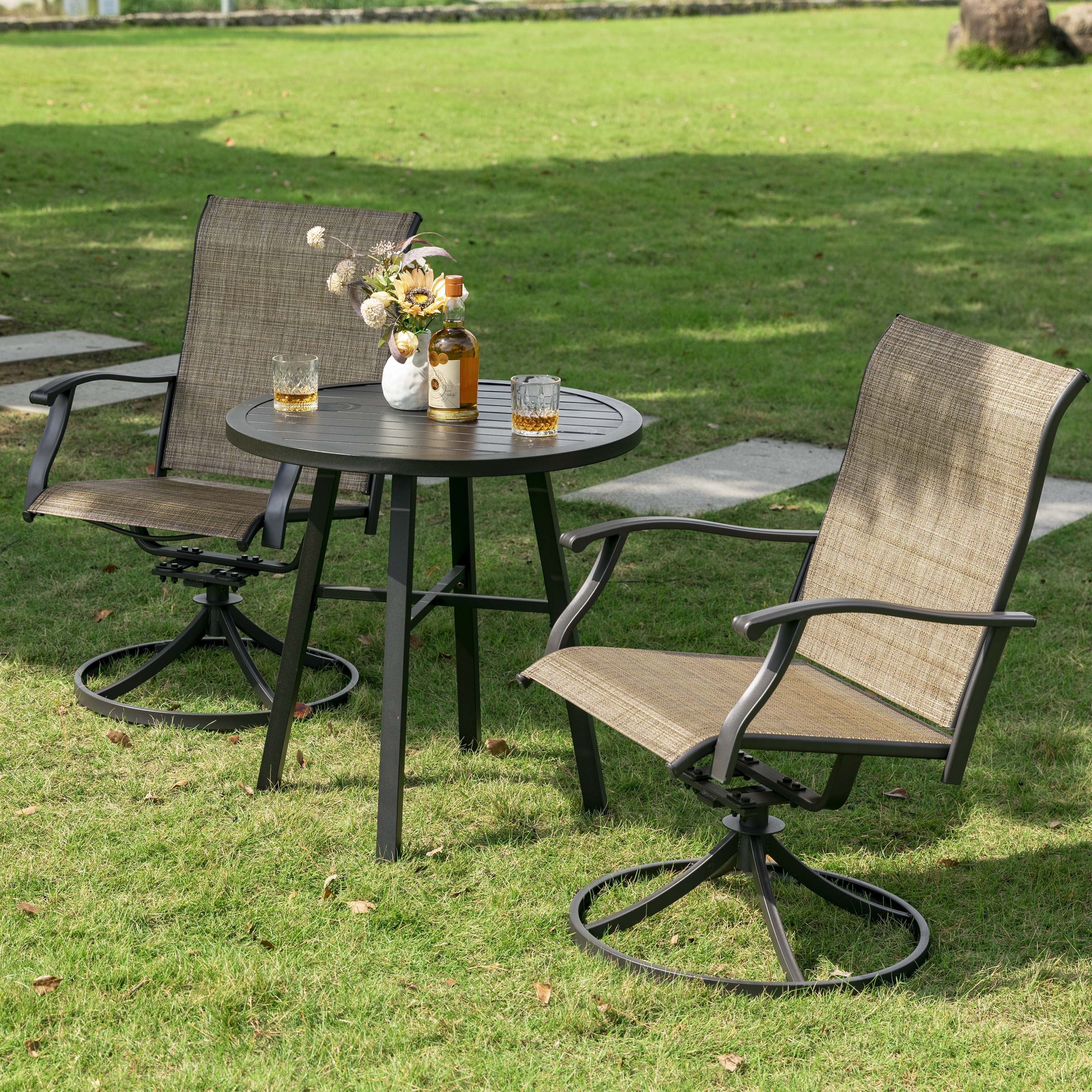 Nuu Garden 3 Piece Patio Bistro Set, Textilene Swivel Patio Chairs and Iron Table All-Weather Outdoor Furniture Set for Lawn, Backyard, Balcony, Black and Brown