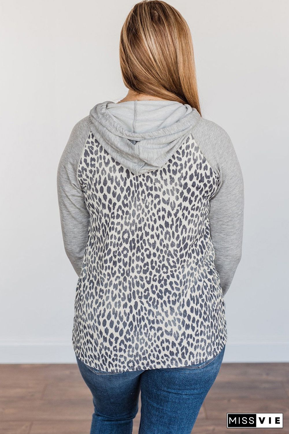 Plus Leopard Contrast Hood Long Sleeve Hoodie