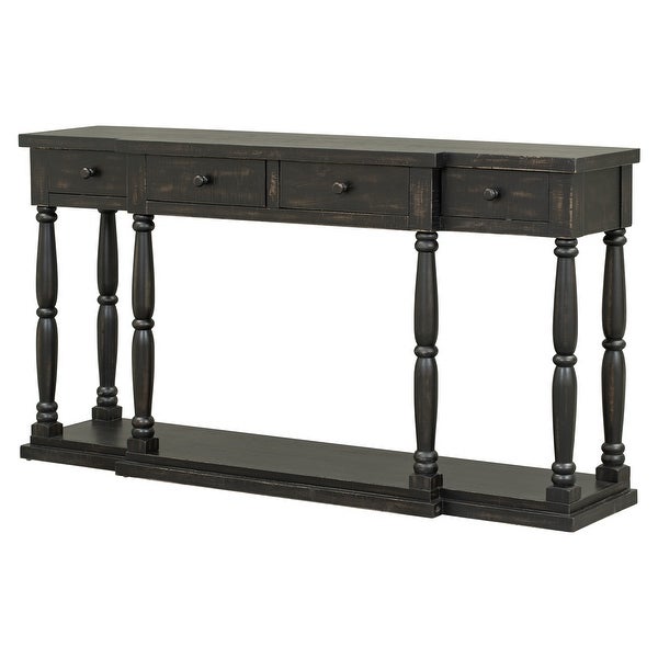 Retro Senior Console Table with 4 Front Facing Storage Drawers and a Shelf， Entryway Table for Entryway， Hallway， Living Room