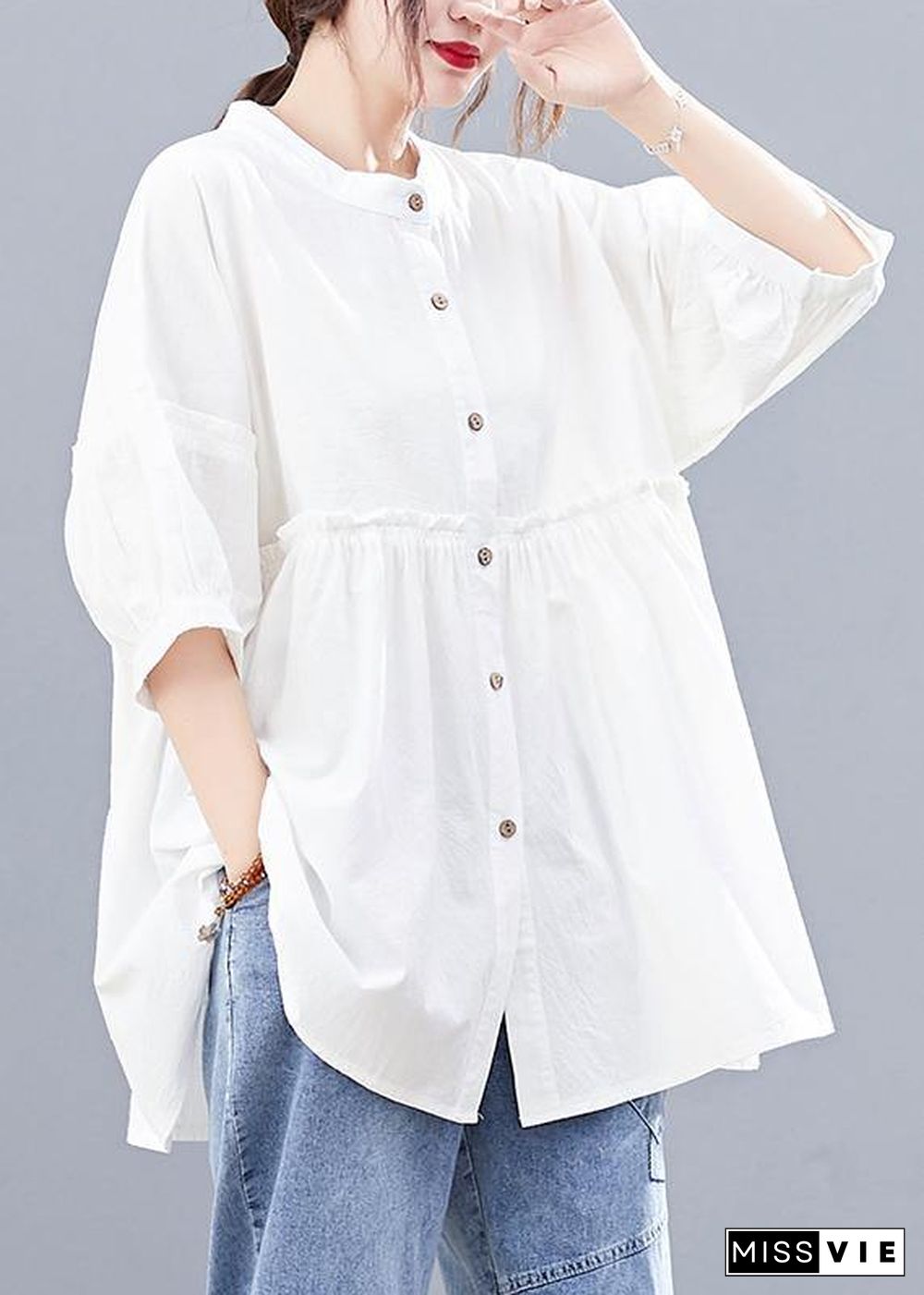 DIY stand collar cotton summerblouses for women Photography white tops