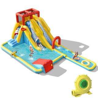 Costway Multi-Color 7-In-1 Inflatable Dual Slide Water Park Climbing Bouncer with 950-Watt Blower OP70653+EP24684