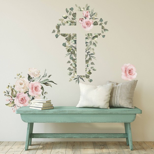 Watercolor Floral Cross Giant Peel And Stick Wall Decal Pink Roommates