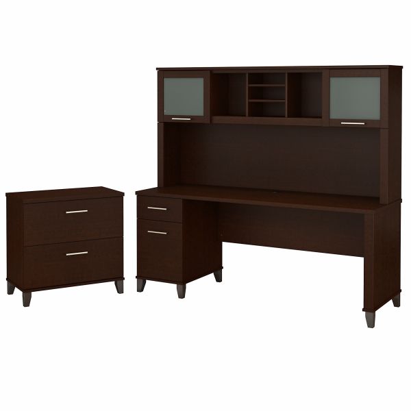 Bush Furniture Somerset 72W Office Desk with Hutch and Lateral File Cabinet in Mocha Cherry