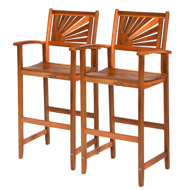 Tangkula Set Of 2 Acacia Wood Outdoor Patio Bar Stool With Footrest amp backrest amp armrest