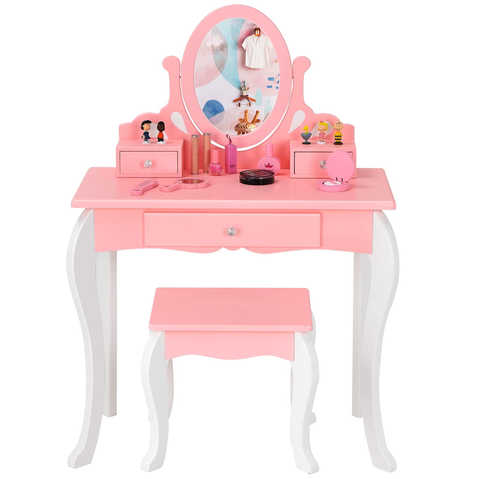 Costzon Kids Vanity Set with Mirror, 2 in 1 Princess Makeup Dressing Table w/ Detachable Top