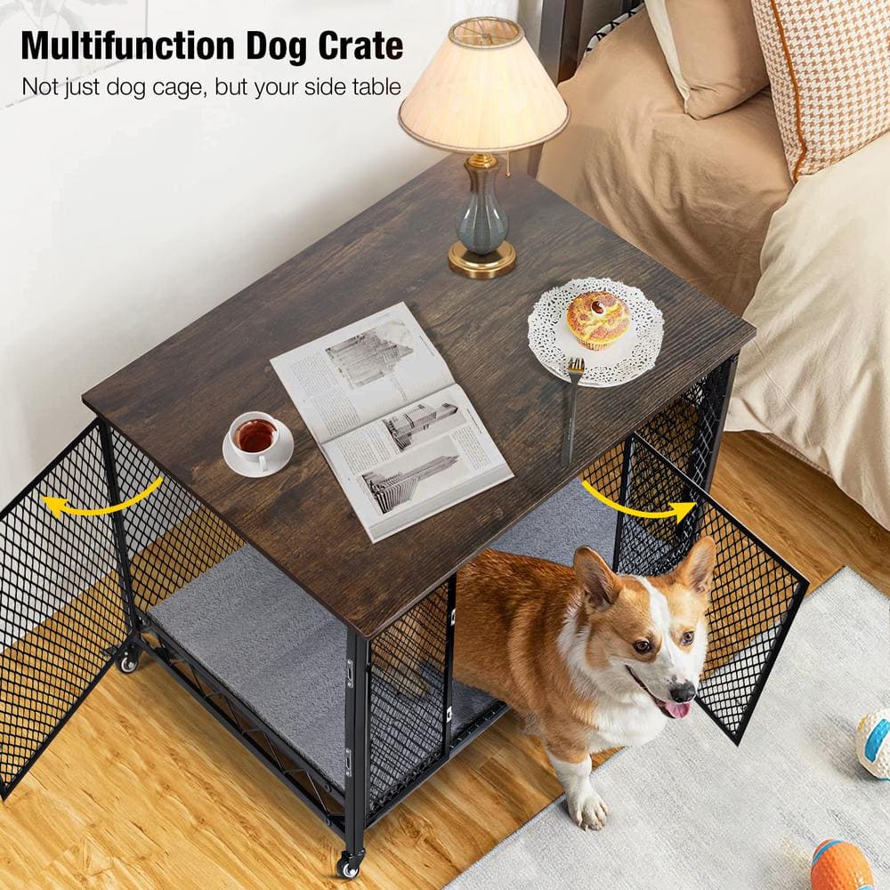 aivituvin Dog Crate Furniture, Side End Table with Tray, Cushion and Casters AIR79