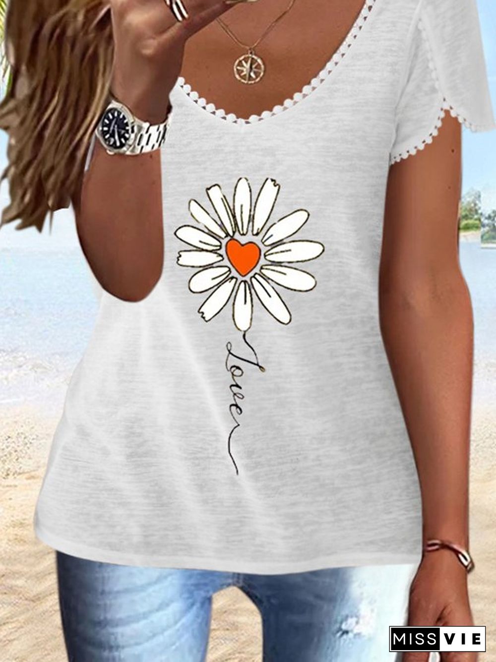 Casual V Neck Floral Short Sleeve T-Shirt