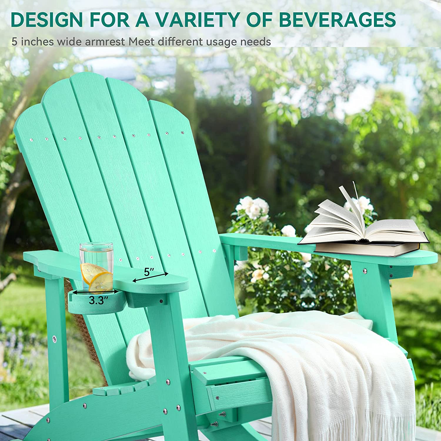 DWVO Outdoor Rocking Adirondack Chair Set of 2, Heavy Duty Plastic Rocking Chairs with Rotatable Cup Holder, Oversized Rocker Chair for Garden Lawn Yard Patio Deck Pool Porch Beach Fire Pit