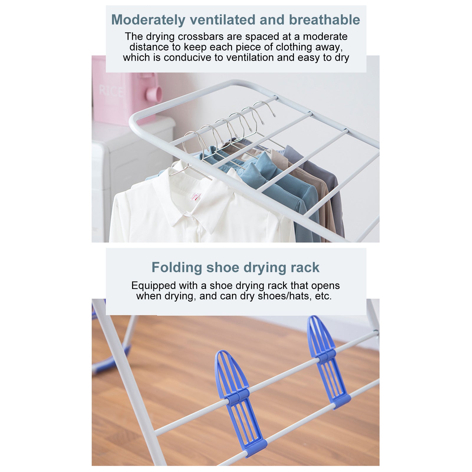 Delaman Foldable Clothes Drying Rack Metal Space-Saving Laundry Clothes Dryer Hanger Heavy Duty 2-Level Stable Indoor Airer, White & Blue