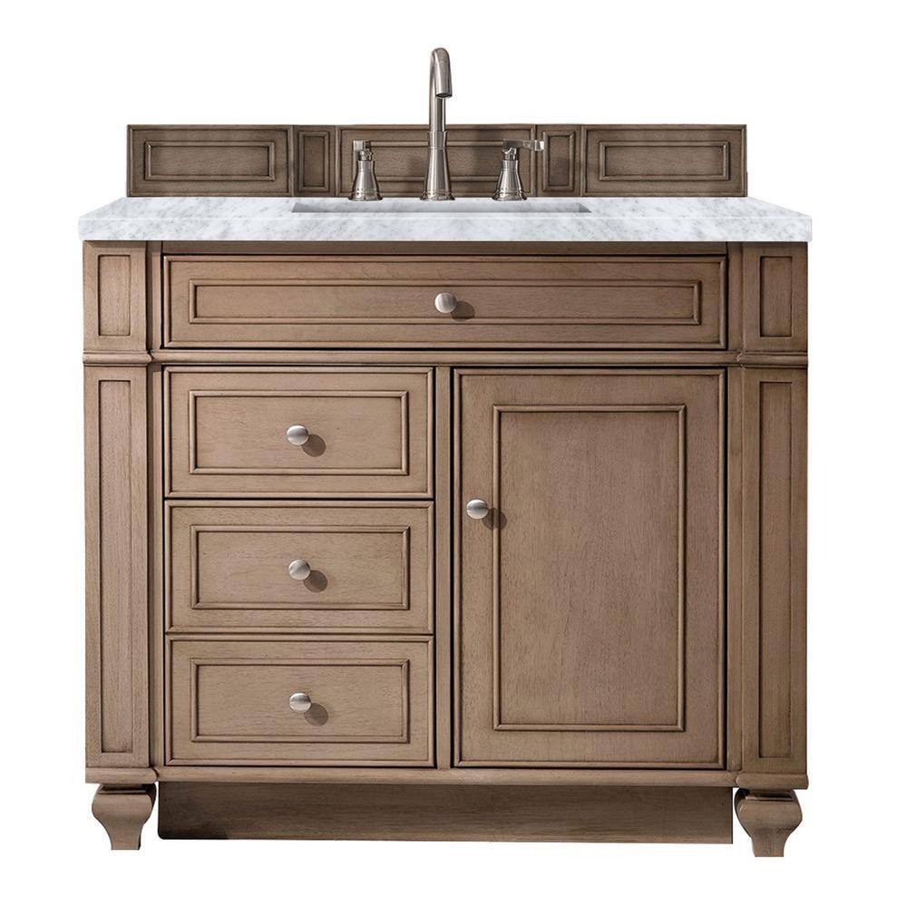 James Martin Vanities Bristol 36 in. W x 23.5 in. D x 34 in. H Single Vanity in Whitewashed Walnut with Marble Top in Carrara White 157-V36-WW-3CAR