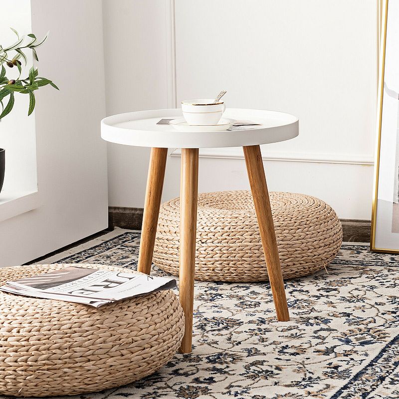 Round Side Sofa Coffee Table with Wooden Tray