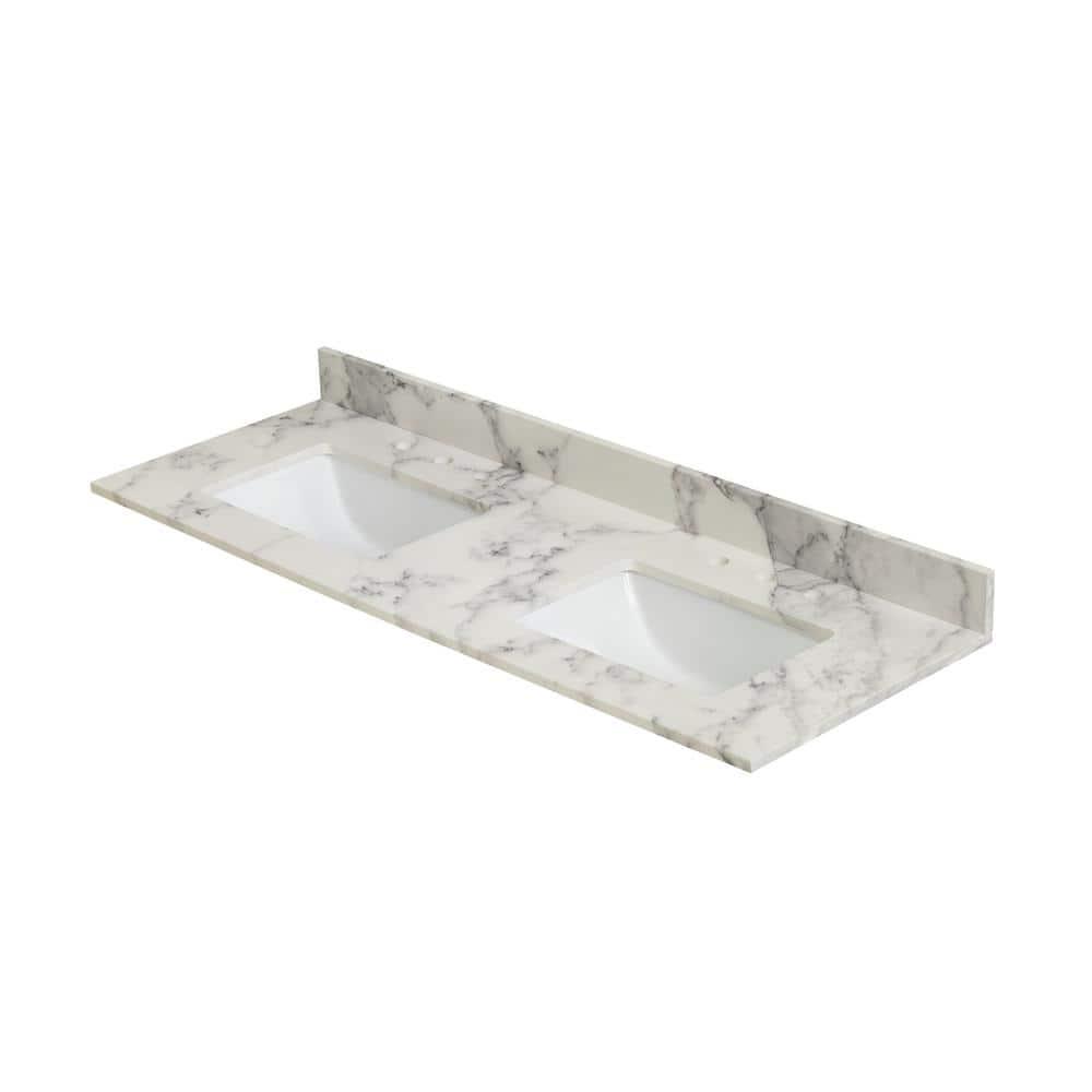 Home Decorators Collection 61 in W x 22 in D Engineered Marble Double Trough Basin Vanity Top in Calacutta with White Basins