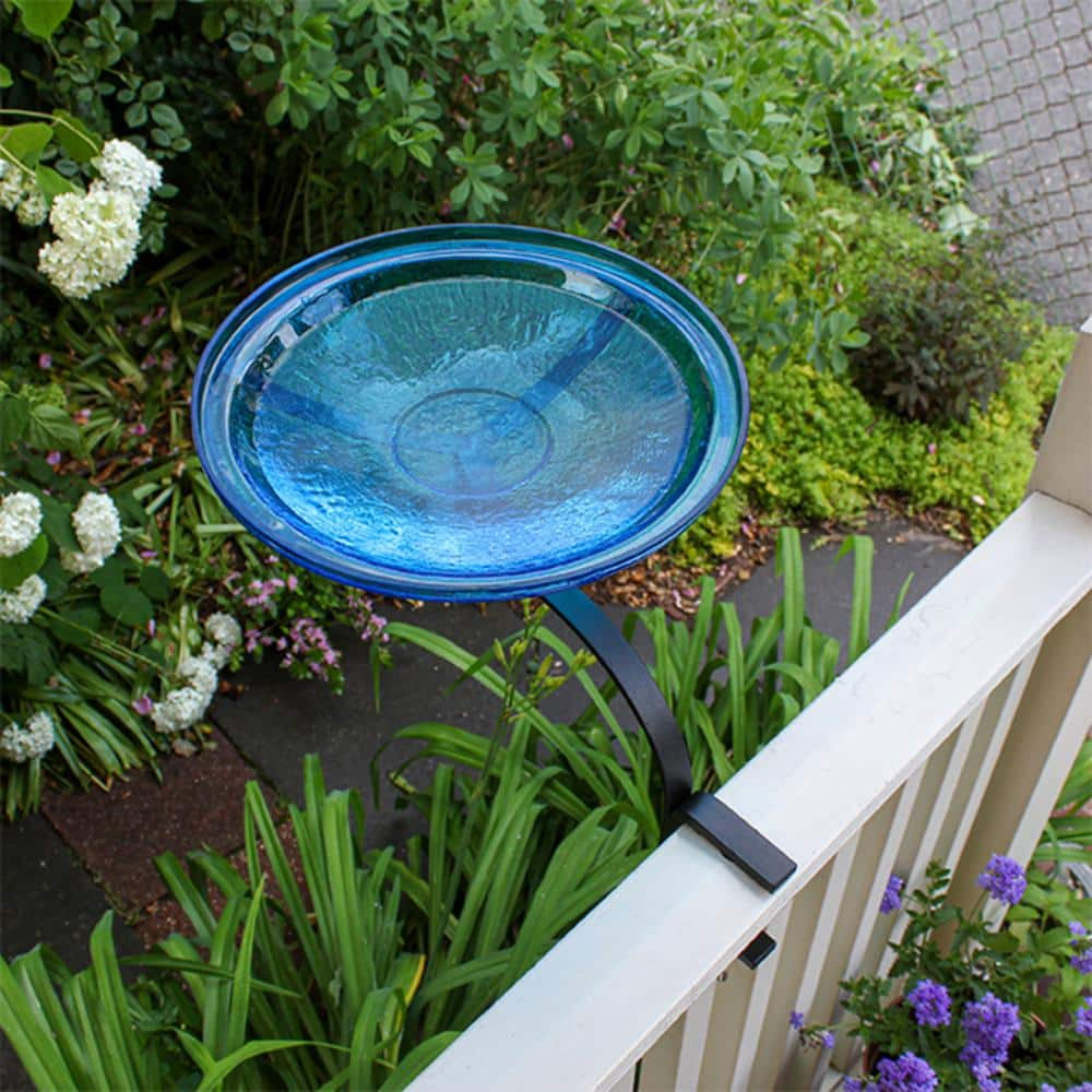 ACHLA DESIGNS 14 in. Dia Teal Blue Reflective Crackle Glass Birdbath Bowl with Rail Mount Bracket CGB-14T-RM