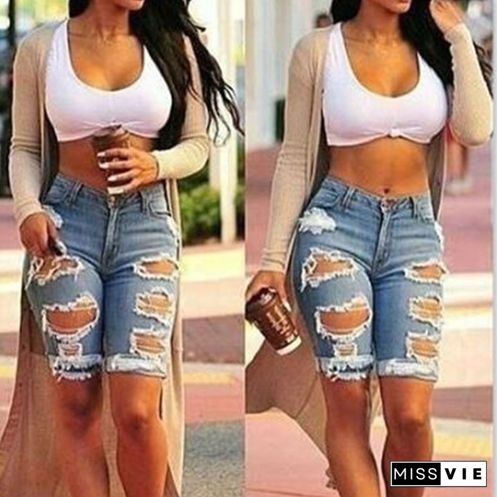 Women Casual Street Style Half Blue Denim Shorts Stretch Pants Slim Boyfriend Ripped Hole Jeans