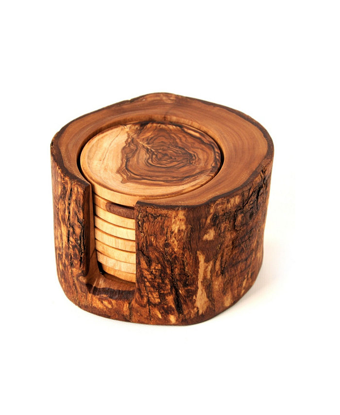 BeldiNest Olive Wood Rustic Coaster Set of 8 with Holder