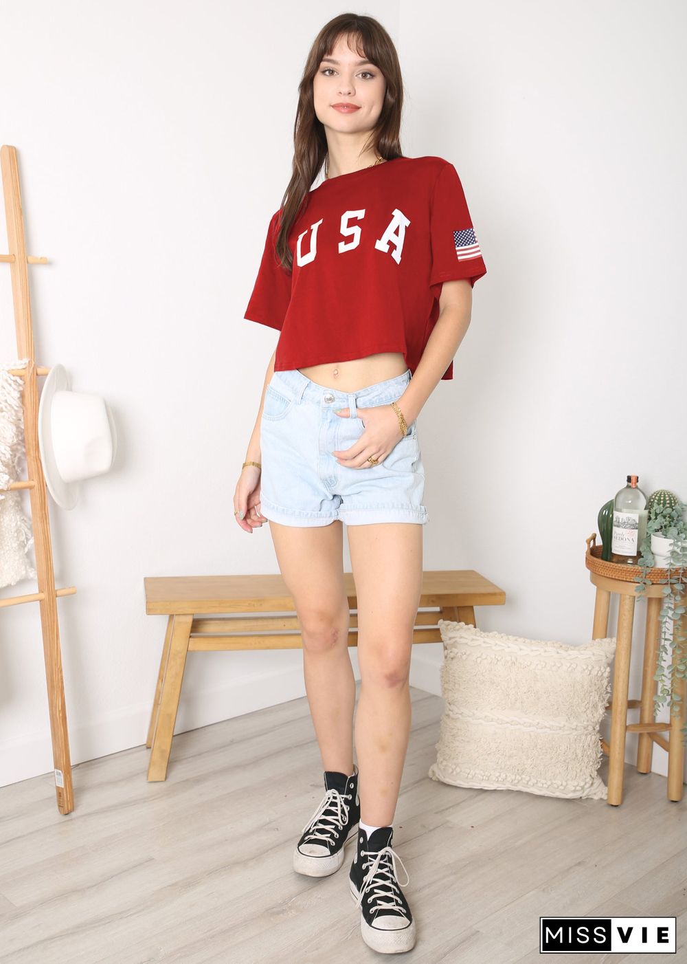 Anna-Kaci Women's Letter Print Crop Top Short Sleeve July 4th USA Flag T-Shirt