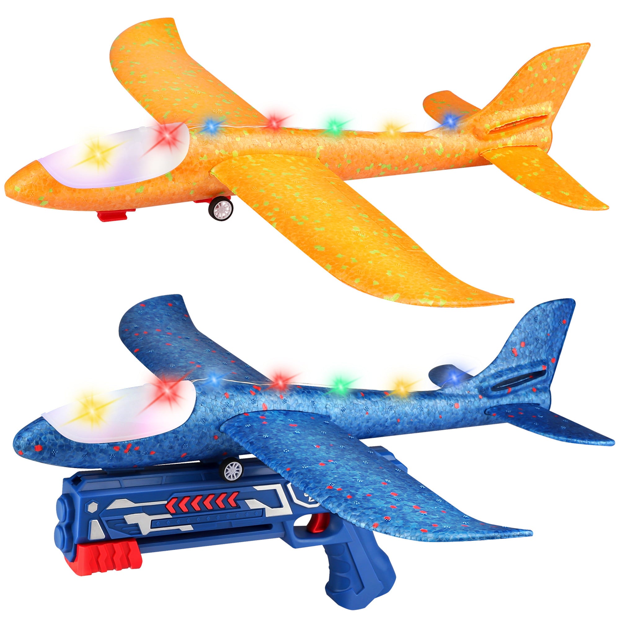 Growsly 2 Pack Flying Airplane Toys with Launcher， LED Light Foam Glider Planes for 3-10 Years Old Kids， Blue and Yellow