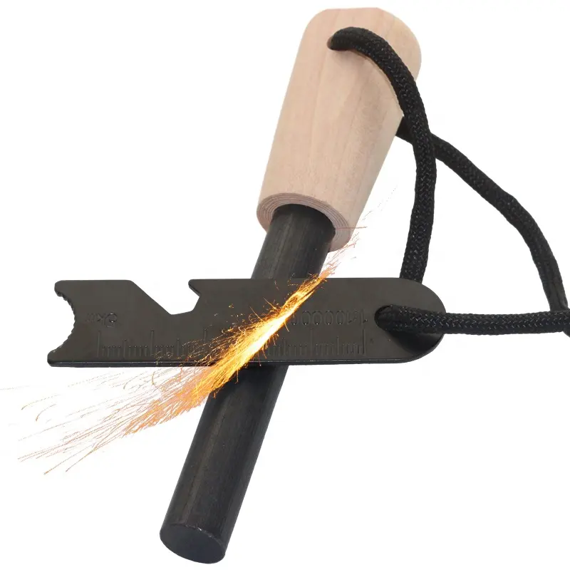 1/2 inch Outdoor Flint Steel Striker Emergency Fire Starter Wood Handle Feuerstein Camping Hiking Lighter