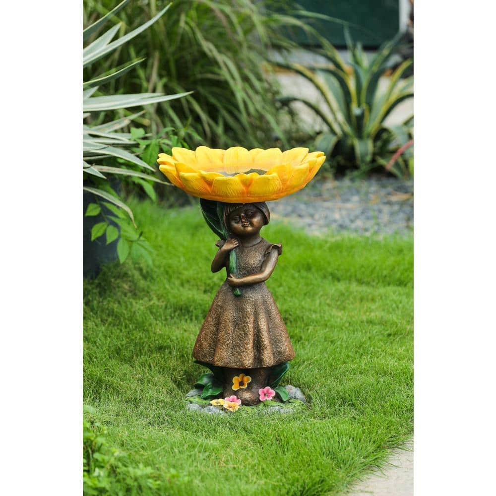 Luxen Home Resin Sunflower Girl Bird Bath WHP1297