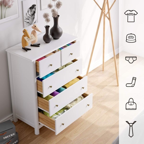 Modern Chest of Drawers， Wood Tall Dresser with 5 Drawers， Storage Organizer Chest Cabinet Nightstand for Bedroom， - as picture - - 37668912