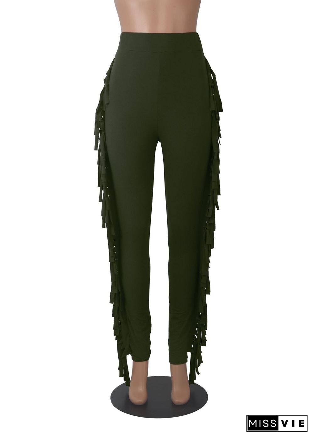 Solid Elastic Waist Side Tassel Casual Pencil Pants