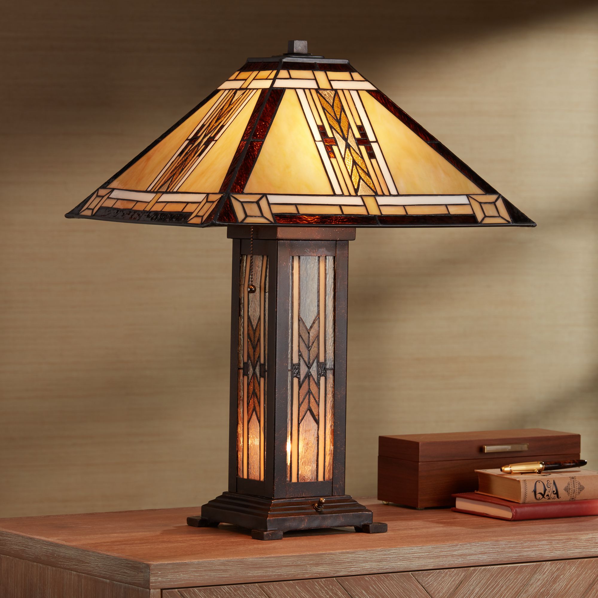 Franklin Iron Works Tiffany Style Table Lamp with Nightlight Mission 25.5" High Bronze Stained Glass for Living Room Family Bedroom (Color May Vary)