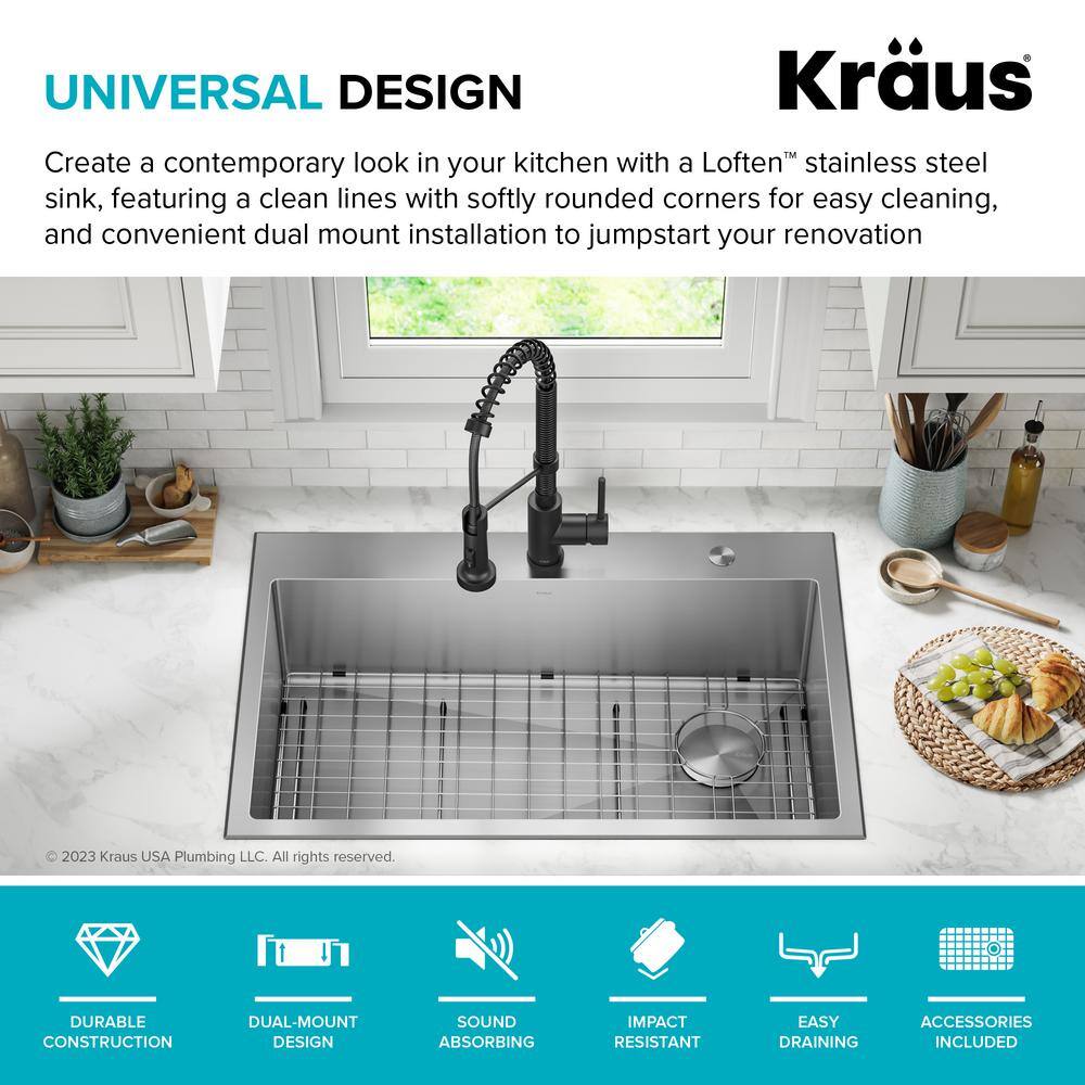 KRAUS Loften UndermountDrop-In Stainless Steel 33 in. 1-Hole Single Bowl Kitchen Sink KHT410-33