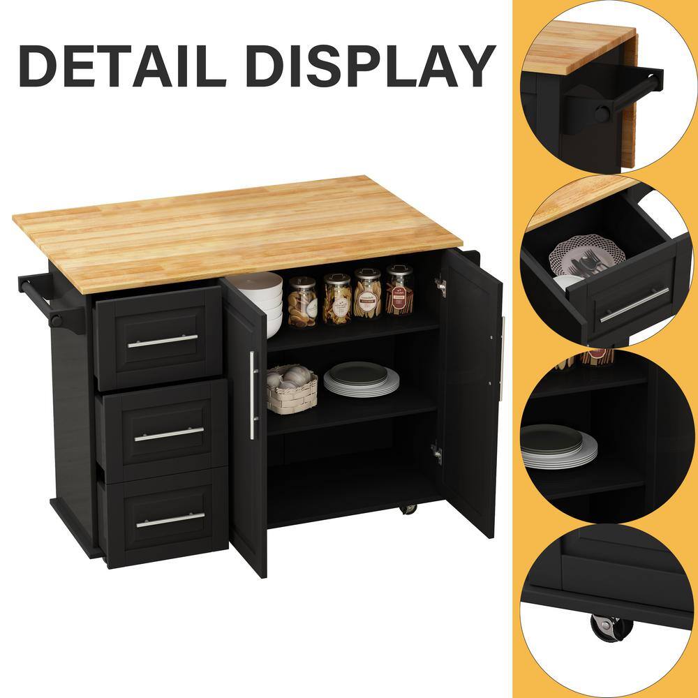 51.96 in. W Foldable Desktop Drop Leaf Black Kitchen Island Cart on Wheels with Spice Rack and Towel Rack wywymnjmnj-9