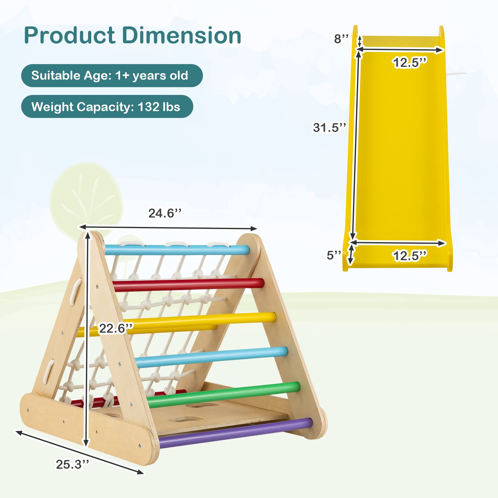 Costzon 4 in 1 Climbing Toy for Toddlers, 3-Sided Montessori Wooden Triangle Climber with Sliding Ramp, Climbing Net & Board