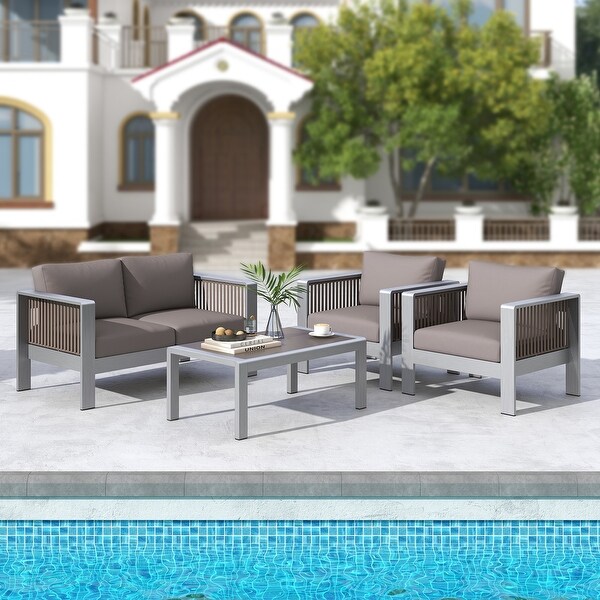 Outdoor Rectangle Coffee Table with Tempered Glass Tabletop for Backyard Poolside