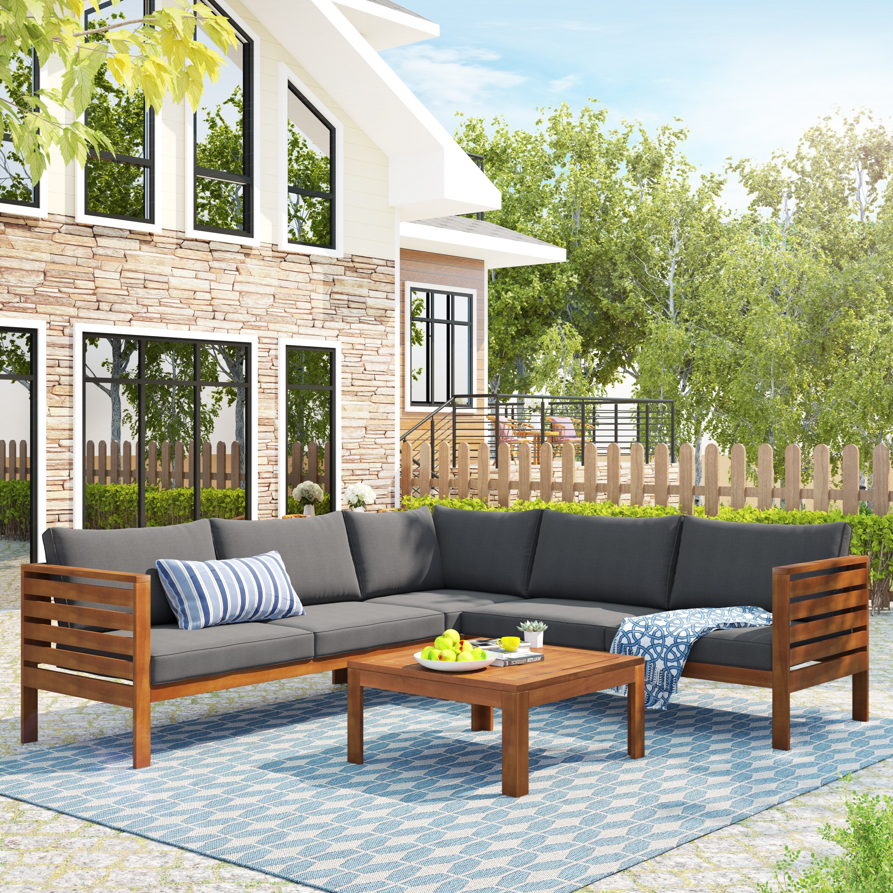 Wood Structure Outdoor Sectional Sofa Set with Two-person Sofa Plus Corner Sofa and Coffee Table， Water-resistant and UV Protected - Overstock - 37254210