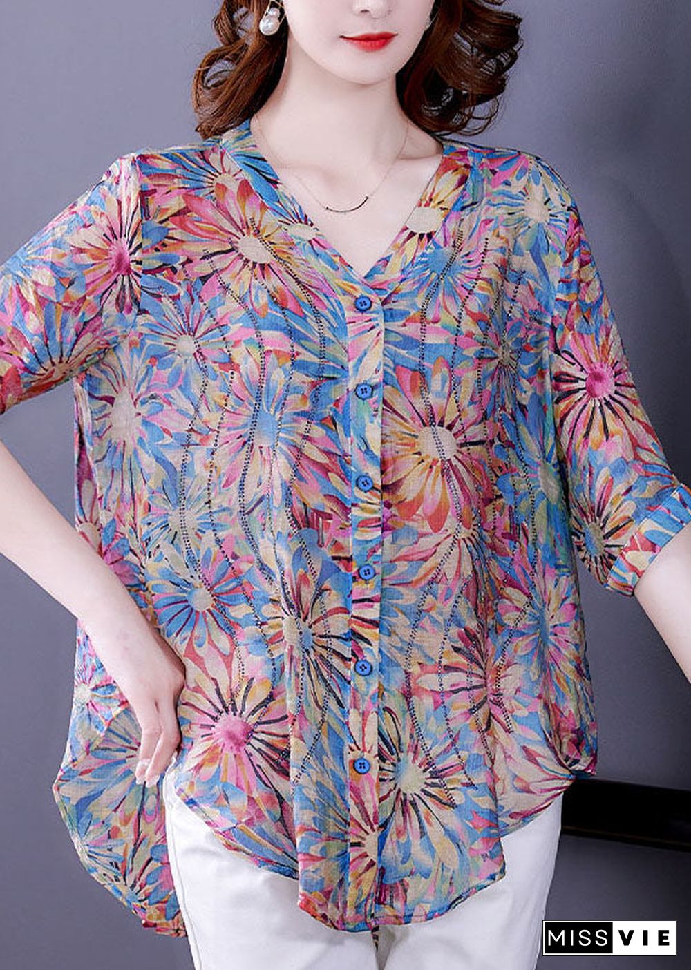 Plus Size Blue V Neck Button Print Chiffon Shirt Top Half Sleeve